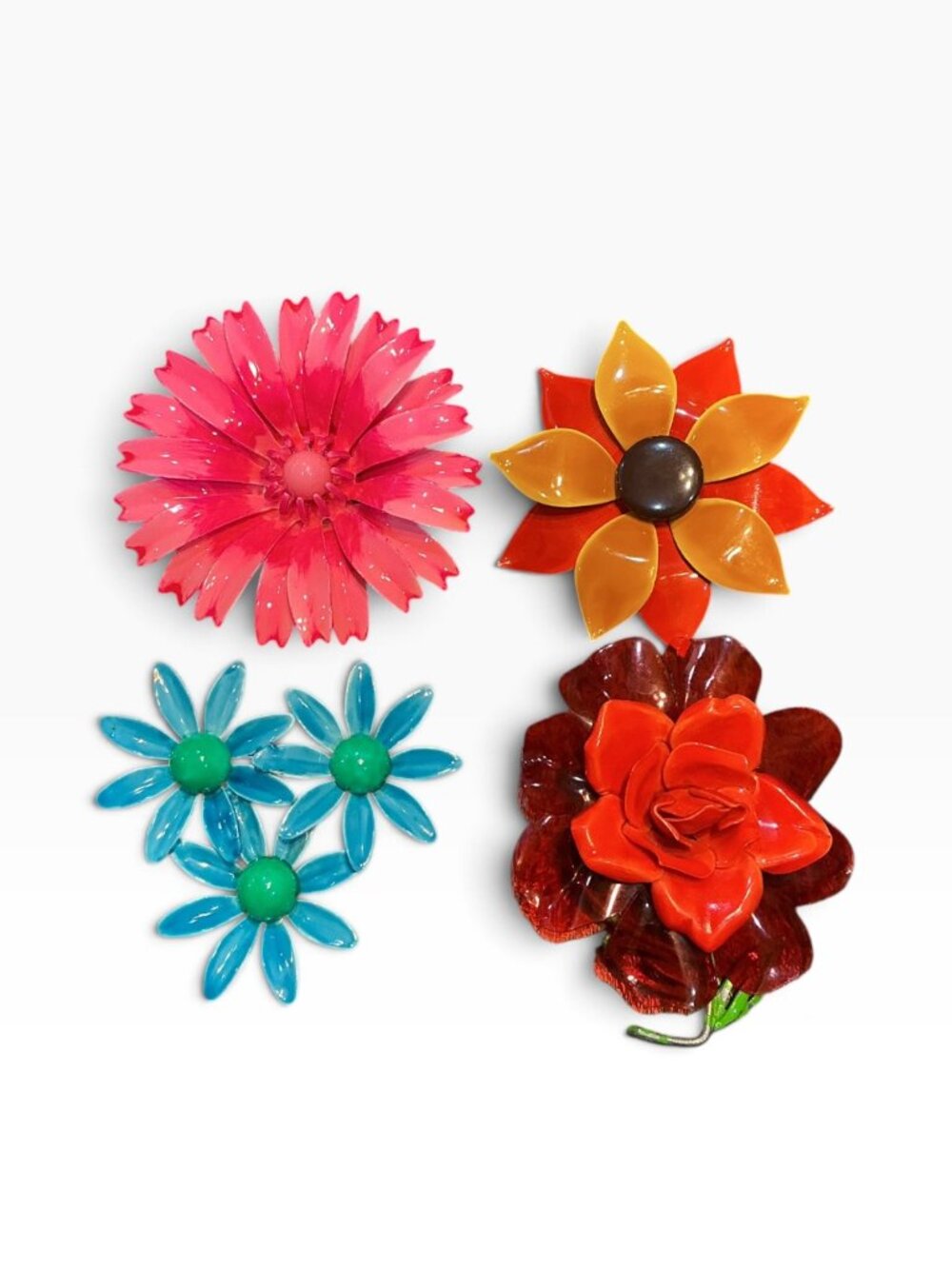 Vintage Flower Brooch Lot of 4 Pink Daisy Blue Floral Rose Pins Unsigned